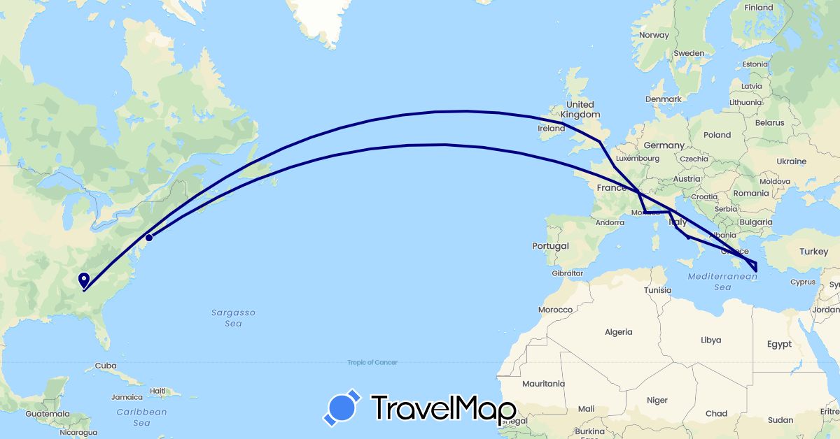 TravelMap itinerary: driving in Switzerland, France, United Kingdom, Greece, Ireland, Italy, Monaco, United States (Europe, North America)
